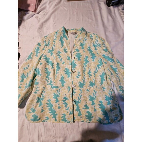 Pendleton Women's Front Button Floral Linen Blazer Blue Green Sz L Office - Picture 1 of 7